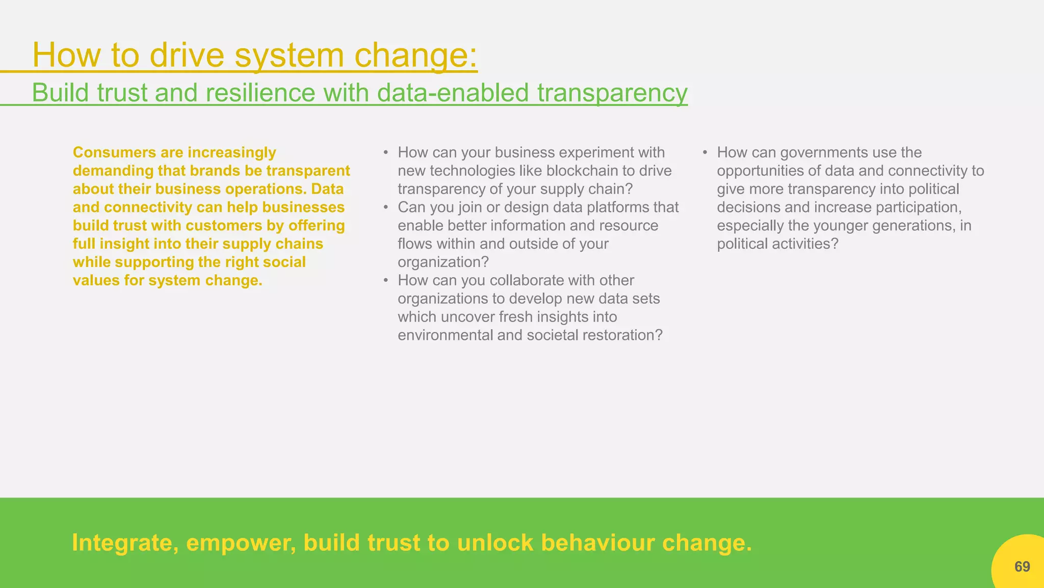 69
Consumers are increasingly
demanding that brands be transparent
about their business operations. Data
and connectivity can help businesses
build trust with customers by offering
full insight into their supply chains
while supporting the right social
values for system change.
• How can your business experiment with
new technologies like blockchain to drive
transparency of your supply chain?
• Can you join or design data platforms that
enable better information and resource
flows within and outside of your
organization?
• How can you collaborate with other
organizations to develop new data sets
which uncover fresh insights into
environmental and societal restoration?
• How can governments use the
opportunities of data and connectivity to
give more transparency into political
decisions and increase participation,
especially the younger generations, in
political activities?
Integrate, empower, build trust to unlock behaviour change.
How to drive system change:
Build trust and resilience with data-enabled transparency
 