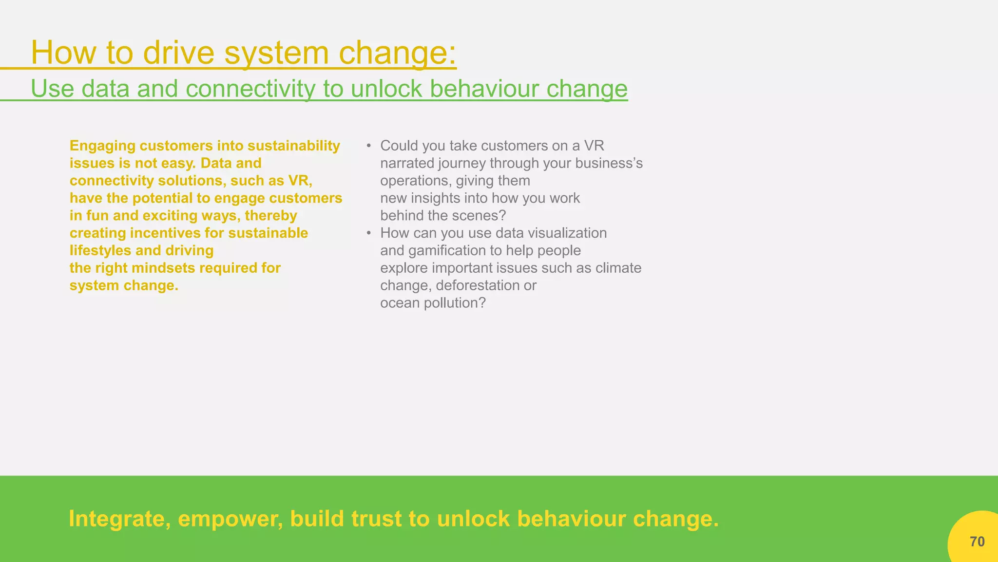 70
Engaging customers into sustainability
issues is not easy. Data and
connectivity solutions, such as VR,
have the potential to engage customers
in fun and exciting ways, thereby
creating incentives for sustainable
lifestyles and driving
the right mindsets required for
system change.
• Could you take customers on a VR
narrated journey through your business’s
operations, giving them
new insights into how you work
behind the scenes?
• How can you use data visualization
and gamification to help people
explore important issues such as climate
change, deforestation or
ocean pollution?
Integrate, empower, build trust to unlock behaviour change.
How to drive system change:
Use data and connectivity to unlock behaviour change
 
