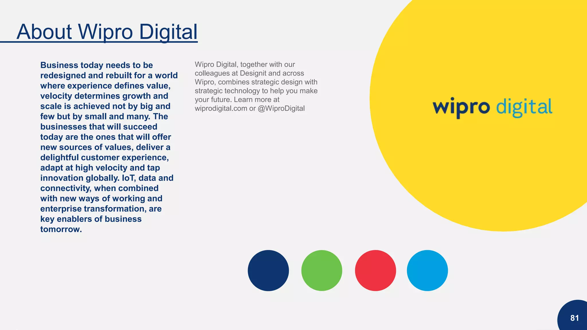 About Wipro Digital
81
Business today needs to be
redesigned and rebuilt for a world
where experience defines value,
velocity determines growth and
scale is achieved not by big and
few but by small and many. The
businesses that will succeed
today are the ones that will offer
new sources of values, deliver a
delightful customer experience,
adapt at high velocity and tap
innovation globally. IoT, data and
connectivity, when combined
with new ways of working and
enterprise transformation, are
key enablers of business
tomorrow.
Wipro Digital, together with our
colleagues at Designit and across
Wipro, combines strategic design with
strategic technology to help you make
your future. Learn more at
wiprodigital.com or @WiproDigital
 
