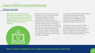 25
Many jobs have been replaced by
automation, but measures have been
put in place, such as shorter working
weeks and universal basic income, to
maintain purpose, income and work life
balance for as many people as
possible.
Businesses are automating as much as
possible, and it’s not just manual labor
that’s being affected: traditional
knowledge-based jobs are also
experiencing the change, with newly
automated professions including law and
medicine. Today, people can undergo a
“pre-doc” appointment from the comfort of
their own home and receive an automated
95% accurate diagnosis and treatment
plan. The new “U-Law” system enables
users to analyze their court case based
on written law, thereby reducing the cost
of lawyers to the public.
The concept of the office has also changed
consequently, with people working
anywhere and everywhere. It is now
commonplace for employees to work
remotely for companies while being
physically based in other countries.
The growth of virtual working in certain
parts of the economy combined with
automated processes (such as automated
PAs) is freeing up real estate, which is
having a positive impact in terms of saving
water, electricity and commuting time.
How a world enabled by IoT, data and connectivity could look
Vision 2030:A connected future
Future of work
 