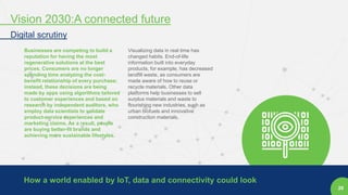 26
Businesses are competing to build a
reputation for having the most
regenerative solutions at the best
prices. Consumers are no longer
spending time analyzing the cost-
benefit relationship of every purchase;
instead, these decisions are being
made by apps using algorithms tailored
to customer experiences and based on
research by independent auditors, who
employ data scientists to validate
product-service experiences and
marketing claims. As a result, people
are buying better-fit brands and
achieving more sustainable lifestyles.
Visualizing data in real time has
changed habits. End-of-life
information built into everyday
products, for example, has decreased
landfill waste, as consumers are
made aware of how to reuse or
recycle materials. Other data
platforms help businesses to sell
surplus materials and waste to
flourishing new industries, such as
urban biofuels and innovative
construction materials.
How a world enabled by IoT, data and connectivity could look
Vision 2030:A connected future
Digital scrutiny
 