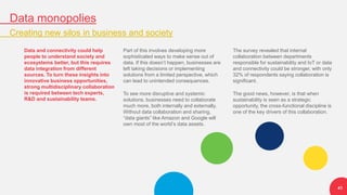 Data monopolies
Creating new silos in business and society
41
Data and connectivity could help
people to understand society and
ecosystems better, but this requires
data integration from different
sources. To turn these insights into
innovative business opportunities,
strong multidisciplinary collaboration
is required between tech experts,
R&D and sustainability teams.
Part of this involves developing more
sophisticated ways to make sense out of
data. If this doesn’t happen, businesses are
left taking decisions or implementing
solutions from a limited perspective, which
can lead to unintended consequences.
To see more disruptive and systemic
solutions, businesses need to collaborate
much more, both internally and externally.
Without data collaboration and sharing,
“data giants” like Amazon and Google will
own most of the world’s data assets.
The survey revealed that internal
collaboration between departments
responsible for sustainability and IoT or data
and connectivity could be stronger, with only
32% of respondents saying collaboration is
significant.
The good news, however, is that when
sustainability is seen as a strategic
opportunity, the cross-functional discipline is
one of the key drivers of this collaboration.
 