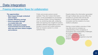 Data integration
Freeing information flows for collaboration
54
The opportunities:
• More impact through contextual
data analysis
• Greater efficiency savings
• Drive innovation through
co-created data sets
• Better understand complex
environmental and social issues
with new and more robust insights
and evidence
Public and private sectors remain
isolated. They don’t share information
flows, so the possibilities for processing
data remain limited. Driving integration
(e.g. by combining data sets, analyzing
them and sharing new insights for action)
between different organizations is the next
frontier to funnel new trusted solutions
that can impact a sector in a more
systemic way.
Experts believe the information generated
through multiple data sources offers the
incentive to connect silos and be the
enabler of efficiencies, exponential
innovation and the creation of a more
resilient civilization.
Having a more holistic overview of data
may also serve to increase our
understanding of the complexity of
ecosystems and sustainability challenges,
as is already being seen
in Griffith Institute’s Twitter for
Science project and Syngenta’s crop trait
analysis.
 