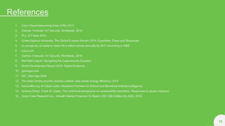 References
78
1. Cisco Visual Networking Index (VNI) 2017
2. Gartner, Forecast: IoT Security, Worldwide, 2016
3. ITU, ICT facts 2014
4. United Nations University, The Global E-waste Monitor 2014: Quantities, Flows and Resources
5. ec.europa.eu, E-waste to reach 65.4 million tonnes annually by 2017 according to StEP
6. cisco.com
7. Gartner, Forecast: IoT Security, Worldwide, 2016
8. MeriTalk’s report, Navigating the Cybersecurity Equation
9. World Development Report 2016: Digital Dividends
10. gizmogul.com
11. IDC, Data Age 2025
12. The Data Centre Journal, industry outlook: data center energy efficiency, 2014
13. futureoflife.org, An Open Letter, Research Priorities for Robust and Beneficial Artificial Intelligence
14. Science Direct, Frank W. Geels, The multi-level perspective on sustainability transitions: Responses to seven criticisms
15. Grand View Research Inc., eHealth Market Projected To Reach USD 308.0 Billion By 2022, 2016
 