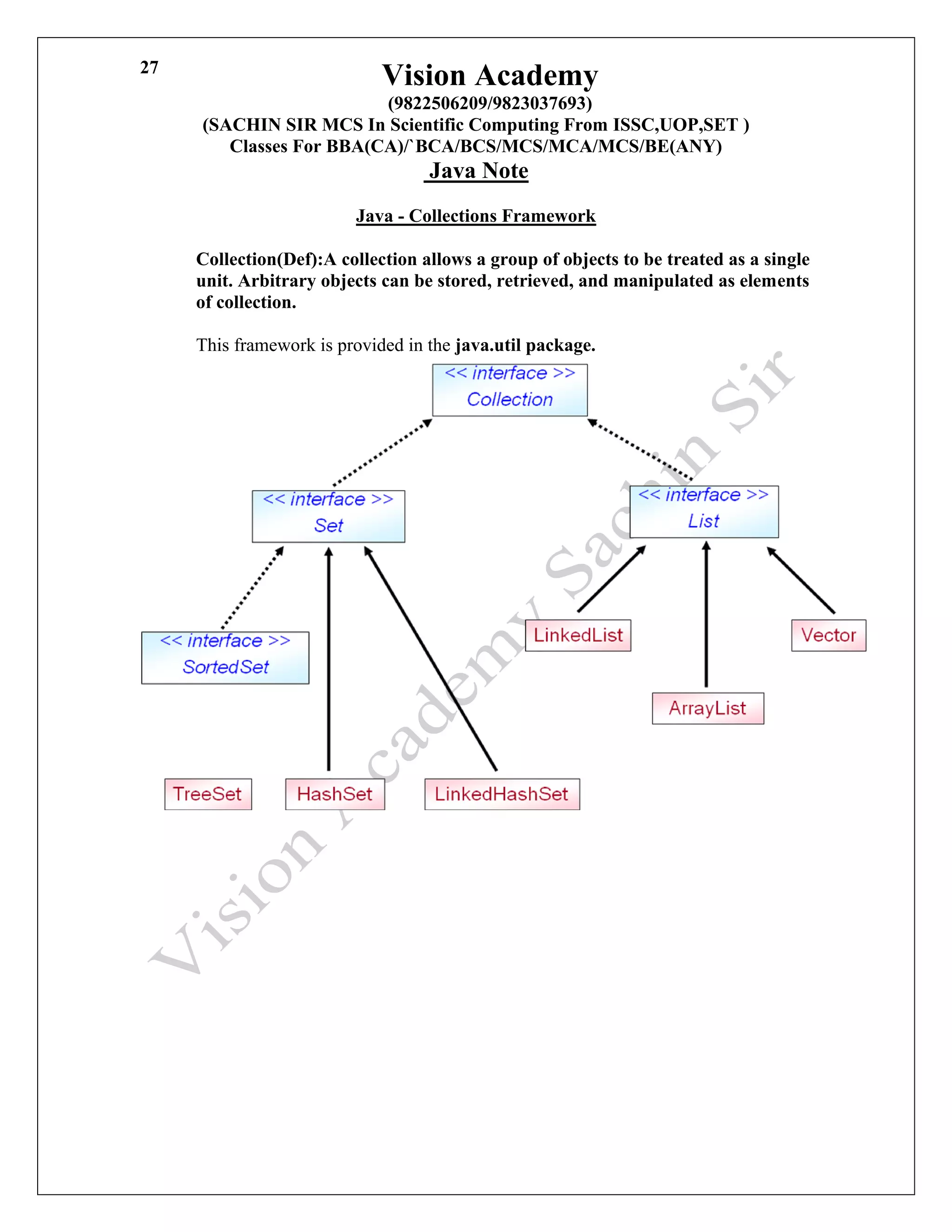 Vision Academy
(9822506209/9823037693)
(SACHIN SIR MCS In Scientific Computing From ISSC,UOP,SET )
Classes For BBA(CA)/`BCA/BCS/MCS/MCA/MCS/BE(ANY)
Java Note
27
Java - Collections Framework
Collection(Def):A collection allows a group of objects to be treated as a single
unit. Arbitrary objects can be stored, retrieved, and manipulated as elements
of collection.
This framework is provided in the java.util package.
 