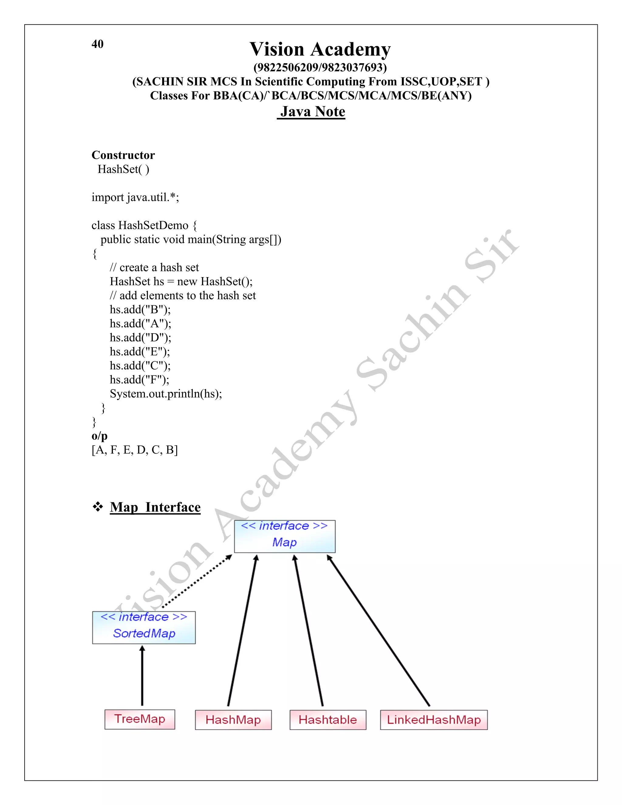 Vision Academy
(9822506209/9823037693)
(SACHIN SIR MCS In Scientific Computing From ISSC,UOP,SET )
Classes For BBA(CA)/`BCA/BCS/MCS/MCA/MCS/BE(ANY)
Java Note
40
Constructor
HashSet( )
import java.util.*;
class HashSetDemo {
public static void main(String args[])
{
// create a hash set
HashSet hs = new HashSet();
// add elements to the hash set
hs.add("B");
hs.add("A");
hs.add("D");
hs.add("E");
hs.add("C");
hs.add("F");
System.out.println(hs);
}
}
o/p
[A, F, E, D, C, B]
❖ Map Interface
 