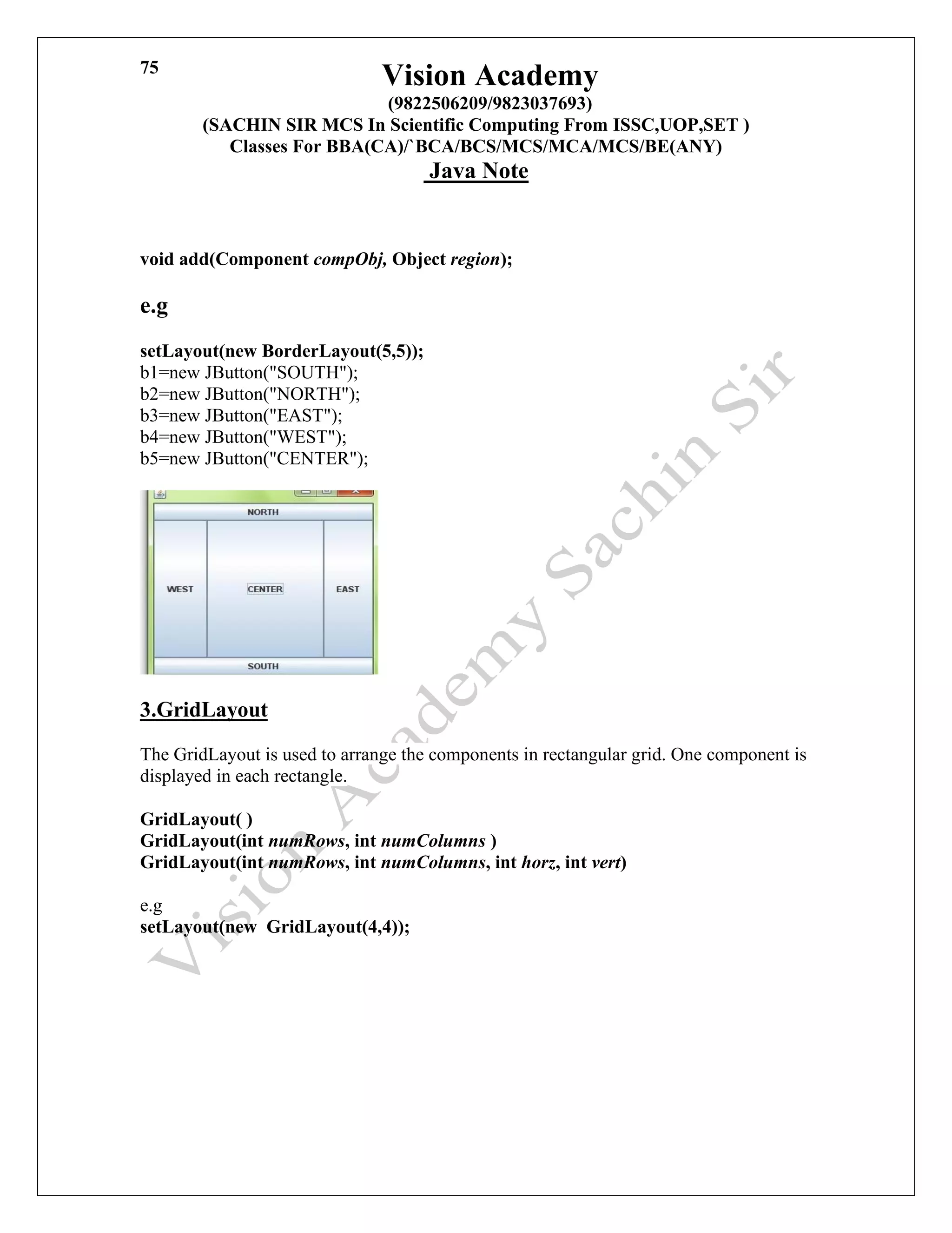 Vision Academy
(9822506209/9823037693)
(SACHIN SIR MCS In Scientific Computing From ISSC,UOP,SET )
Classes For BBA(CA)/`BCA/BCS/MCS/MCA/MCS/BE(ANY)
Java Note
75
void add(Component compObj, Object region);
e.g
setLayout(new BorderLayout(5,5));
b1=new JButton("SOUTH");
b2=new JButton("NORTH");
b3=new JButton("EAST");
b4=new JButton("WEST");
b5=new JButton("CENTER");
3.GridLayout
The GridLayout is used to arrange the components in rectangular grid. One component is
displayed in each rectangle.
GridLayout( )
GridLayout(int numRows, int numColumns )
GridLayout(int numRows, int numColumns, int horz, int vert)
e.g
setLayout(new GridLayout(4,4));
 