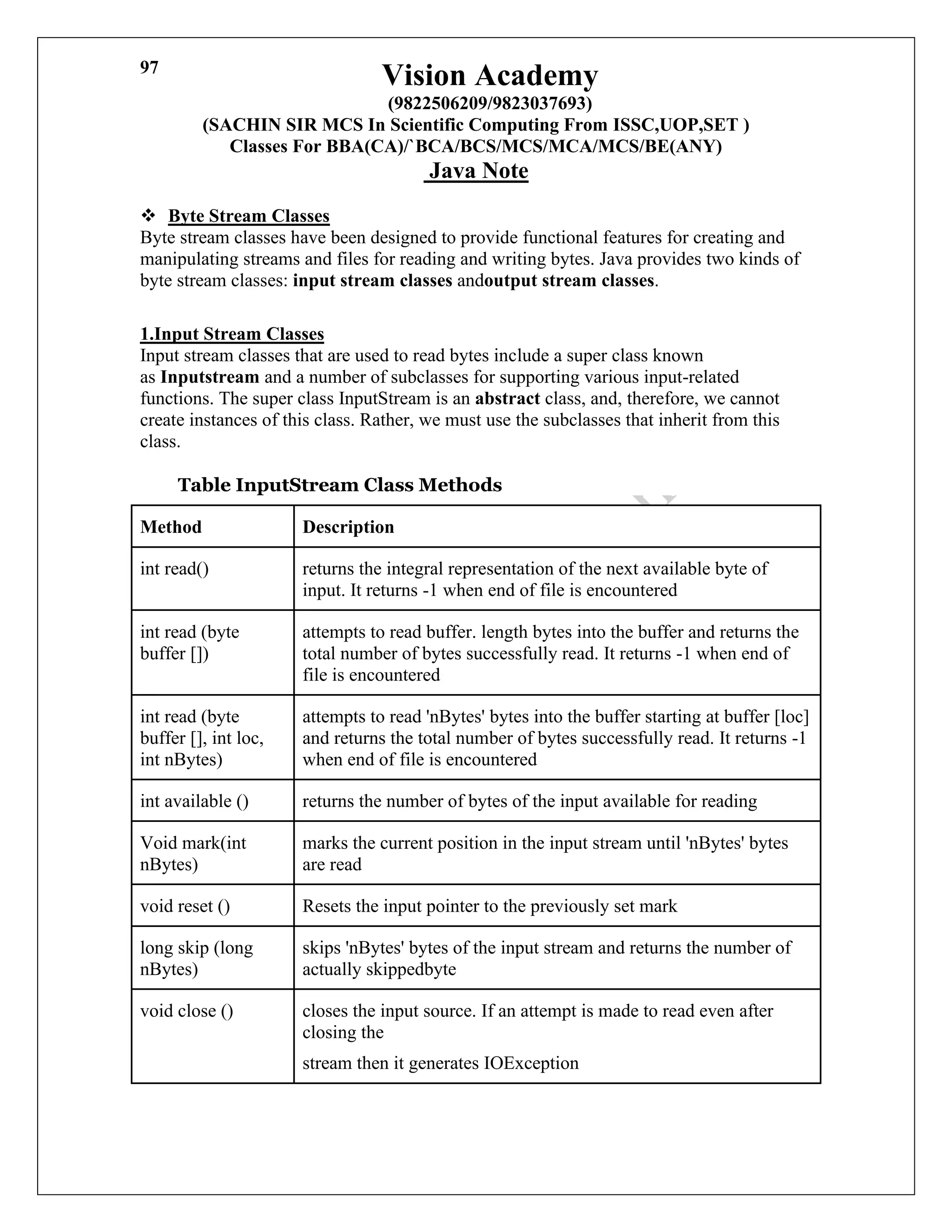 Vision Academy
(9822506209/9823037693)
(SACHIN SIR MCS In Scientific Computing From ISSC,UOP,SET )
Classes For BBA(CA)/`BCA/BCS/MCS/MCA/MCS/BE(ANY)
Java Note
97
❖ Byte Stream Classes
Byte stream classes have been designed to provide functional features for creating and
manipulating streams and files for reading and writing bytes. Java provides two kinds of
byte stream classes: input stream classes andoutput stream classes.
1.Input Stream Classes
Input stream classes that are used to read bytes include a super class known
as Inputstream and a number of subclasses for supporting various input-related
functions. The super class InputStream is an abstract class, and, therefore, we cannot
create instances of this class. Rather, we must use the subclasses that inherit from this
class.
Table InputStream Class Methods
Method Description
int read() returns the integral representation of the next available byte of
input. It returns -1 when end of file is encountered
int read (byte
buffer [])
attempts to read buffer. length bytes into the buffer and returns the
total number of bytes successfully read. It returns -1 when end of
file is encountered
int read (byte
buffer [], int loc,
int nBytes)
attempts to read 'nBytes' bytes into the buffer starting at buffer [loc]
and returns the total number of bytes successfully read. It returns -1
when end of file is encountered
int available () returns the number of bytes of the input available for reading
Void mark(int
nBytes)
marks the current position in the input stream until 'nBytes' bytes
are read
void reset () Resets the input pointer to the previously set mark
long skip (long
nBytes)
skips 'nBytes' bytes of the input stream and returns the number of
actually skippedbyte
void close () closes the input source. If an attempt is made to read even after
closing the
stream then it generates IOException
 