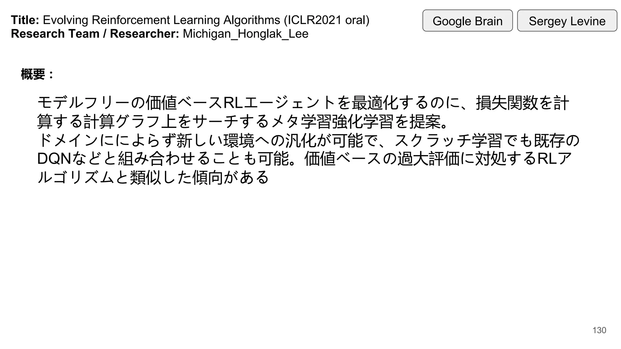Title: Evolving Reinforcement Learning Algorithms (ICLR2021 oral)
Research Team / Researcher: Michigan_Honglak_Lee
概要：
モデルフリーの価値ベースRLエージェントを最適化するのに、損失関数を計
算する計算グラフ上をサーチするメタ学習強化学習を提案。
ドメインにによらず新しい環境への汎化が可能で、スクラッチ学習でも既存の
DQNなどと組み合わせることも可能。価値ベースの過大評価に対処するRLア
ルゴリズムと類似した傾向がある
Google Brain Sergey Levine
130
 