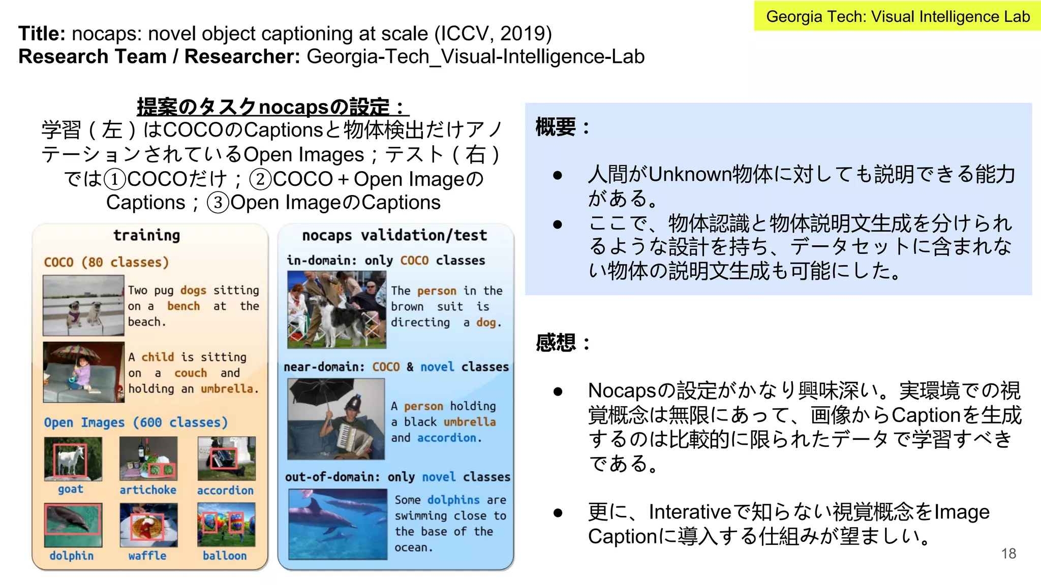 Title: nocaps: novel object captioning at scale (ICCV, 2019)
Research Team / Researcher: Georgia-Tech_Visual-Intelligence-Lab
概要：
● 人間がUnknown物体に対しても説明できる能力
がある。
● ここで、物体認識と物体説明文生成を分けられ
るような設計を持ち、データセットに含まれな
い物体の説明文生成も可能にした。
感想：
● Nocapsの設定がかなり興味深い。実環境での視
覚概念は無限にあって、画像からCaptionを生成
するのは比較的に限られたデータで学習すべき
である。
● 更に、Interativeで知らない視覚概念をImage
Captionに導入する仕組みが望ましい。
提案のタスクnocapsの設定：
学習（左）はCOCOのCaptionsと物体検出だけアノ
テーションされているOpen Images；テスト（右）
では①COCOだけ；②COCO＋Open Imageの
Captions；③Open ImageのCaptions
18
Georgia Tech: Visual Intelligence Lab
 