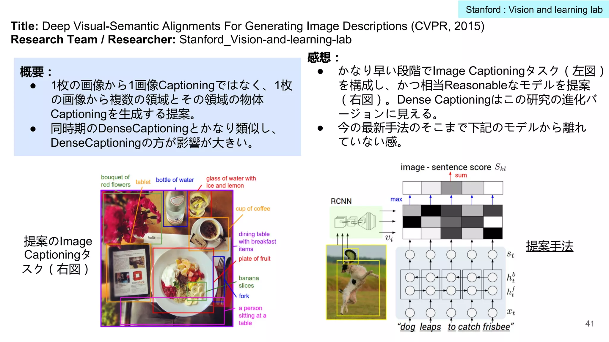 Title: Deep Visual-Semantic Alignments For Generating Image Descriptions (CVPR, 2015)
Research Team / Researcher: Stanford_Vision-and-learning-lab
概要：
● 1枚の画像から1画像Captioningではなく、1枚
の画像から複数の領域とその領域の物体
Captioningを生成する提案。
● 同時期のDenseCaptioningとかなり類似し、
DenseCaptioningの方が影響が大きい。
感想：
● かなり早い段階でImage Captioningタスク（左図）
を構成し、かつ相当Reasonableなモデルを提案
（右図）。Dense Captioningはこの研究の進化バ
ージョンに見える。
● 今の最新手法のそこまで下記のモデルから離れ
ていない感。
提案のImage
Captioningタ
スク（右図）
提案手法
41
Stanford : Vision and learning lab
 
