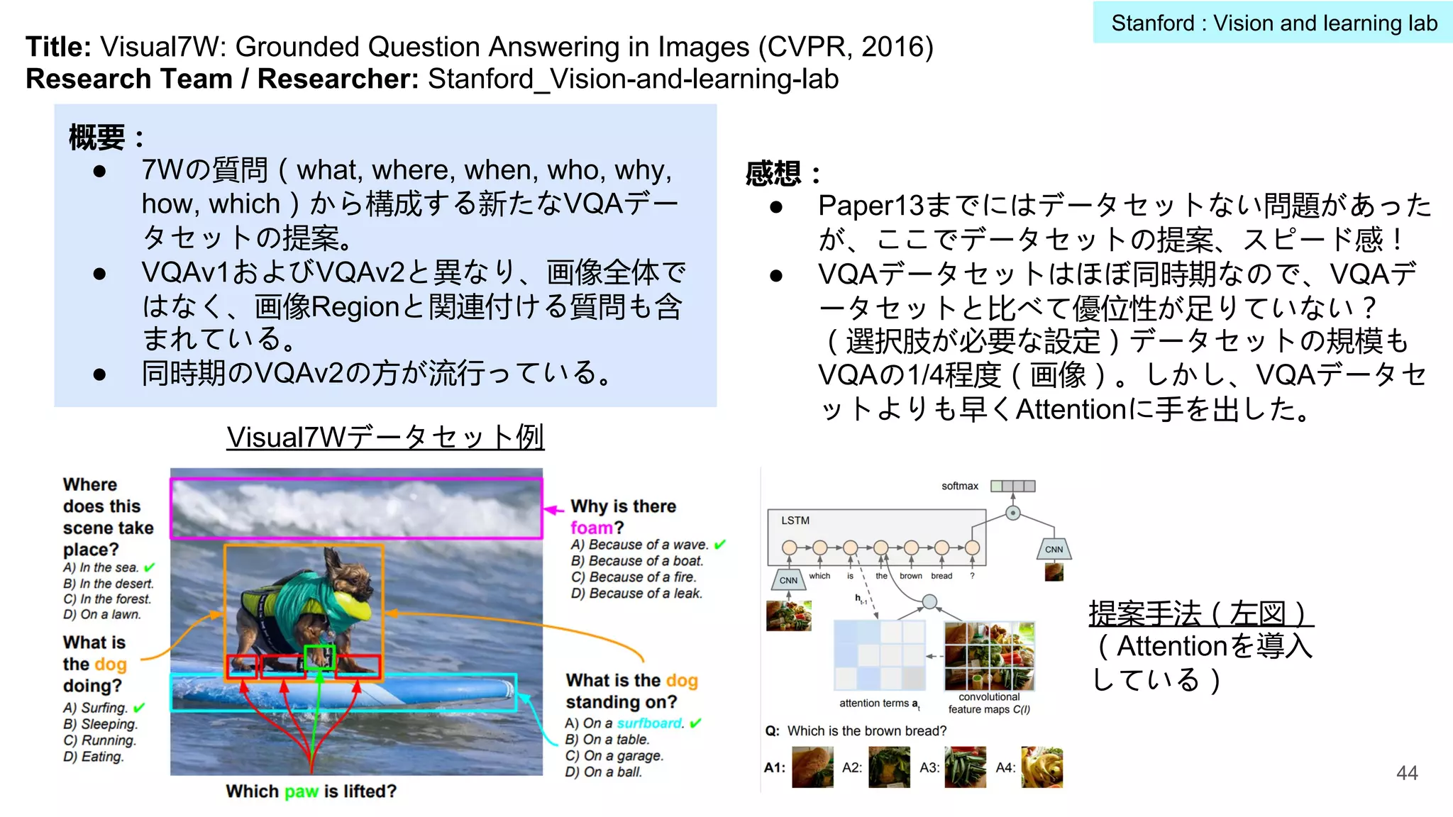 Title: Visual7W: Grounded Question Answering in Images (CVPR, 2016)
Research Team / Researcher: Stanford_Vision-and-learning-lab
概要：
● 7Wの質問（what, where, when, who, why,
how, which）から構成する新たなVQAデー
タセットの提案。
● VQAv1およびVQAv2と異なり、画像全体で
はなく、画像Regionと関連付ける質問も含
まれている。
● 同時期のVQAv2の方が流行っている。
感想：
● Paper13までにはデータセットない問題があった
が、ここでデータセットの提案、スピード感！
● VQAデータセットはほぼ同時期なので、VQAデ
ータセットと比べて優位性が足りていない？
（選択肢が必要な設定）データセットの規模も
VQAの1/4程度（画像）。しかし、VQAデータセ
ットよりも早くAttentionに手を出した。
提案手法（左図）
（Attentionを導入
している）
Visual7Wデータセット例
44
Stanford : Vision and learning lab
 