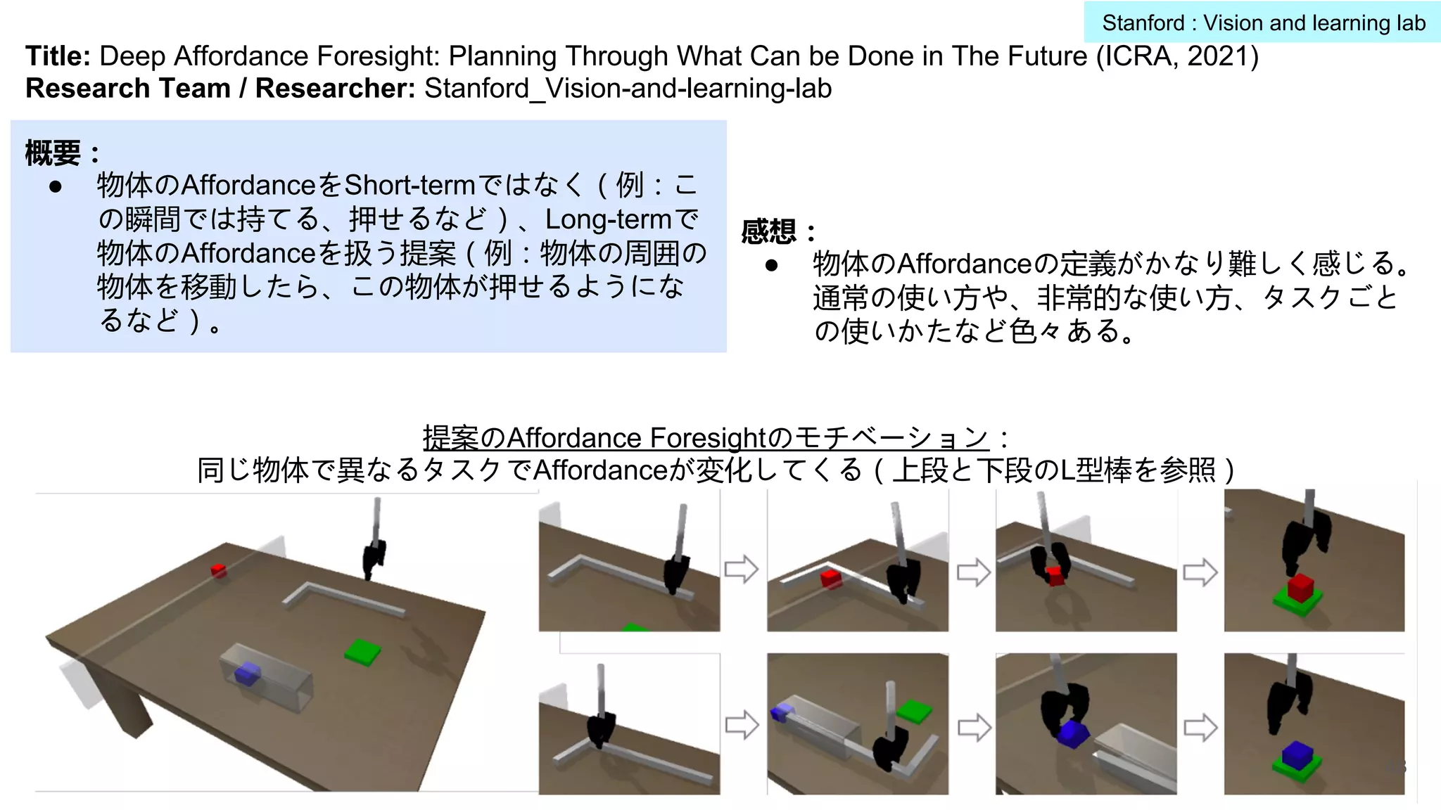 Title: Deep Affordance Foresight: Planning Through What Can be Done in The Future (ICRA, 2021)
Research Team / Researcher: Stanford_Vision-and-learning-lab
概要：
● 物体のAffordanceをShort-termではなく（例：こ
の瞬間では持てる、押せるなど）、Long-termで
物体のAffordanceを扱う提案（例：物体の周囲の
物体を移動したら、この物体が押せるようにな
るなど）。
感想：
● 物体のAffordanceの定義がかなり難しく感じる。
通常の使い方や、非常的な使い方、タスクごと
の使いかたなど色々ある。
提案のAffordance Foresightのモチベーション：
同じ物体で異なるタスクでAffordanceが変化してくる（上段と下段のL型棒を参照）
48
Stanford : Vision and learning lab
 