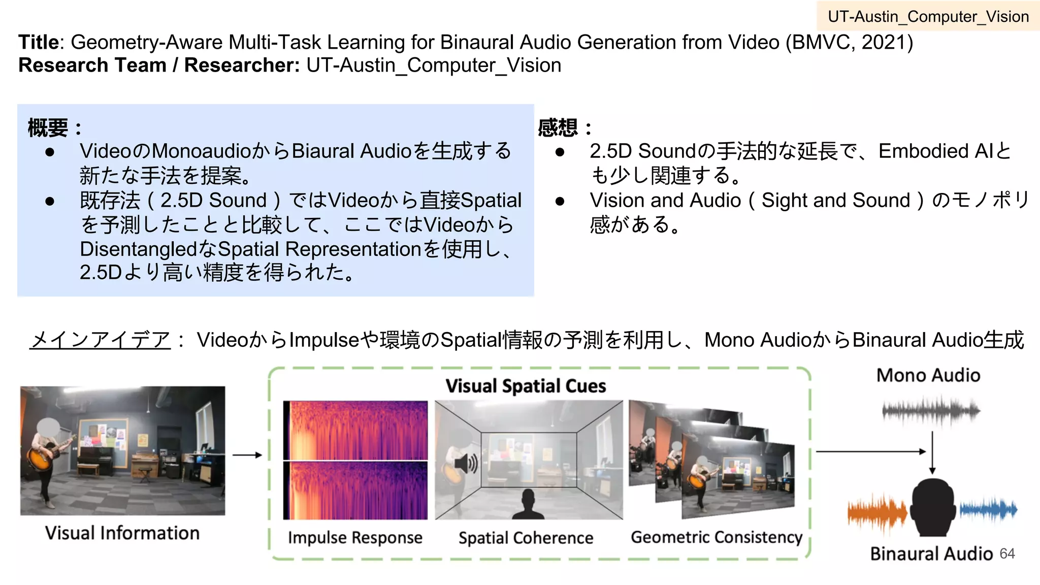 Title: Geometry-Aware Multi-Task Learning for Binaural Audio Generation from Video (BMVC, 2021)
Research Team / Researcher: UT-Austin_Computer_Vision
概要：
● VideoのMonoaudioからBiaural Audioを生成する
新たな手法を提案。
● 既存法（2.5D Sound）ではVideoから直接Spatial
を予測したことと比較して、ここではVideoから
DisentangledなSpatial Representationを使用し、
2.5Dより高い精度を得られた。
感想：
● 2.5D Soundの手法的な延長で、Embodied AIと
も少し関連する。
● Vision and Audio（Sight and Sound）のモノポリ
感がある。
メインアイデア： VideoからImpulseや環境のSpatial情報の予測を利用し、Mono AudioからBinaural Audio生成
64
UT-Austin_Computer_Vision
 