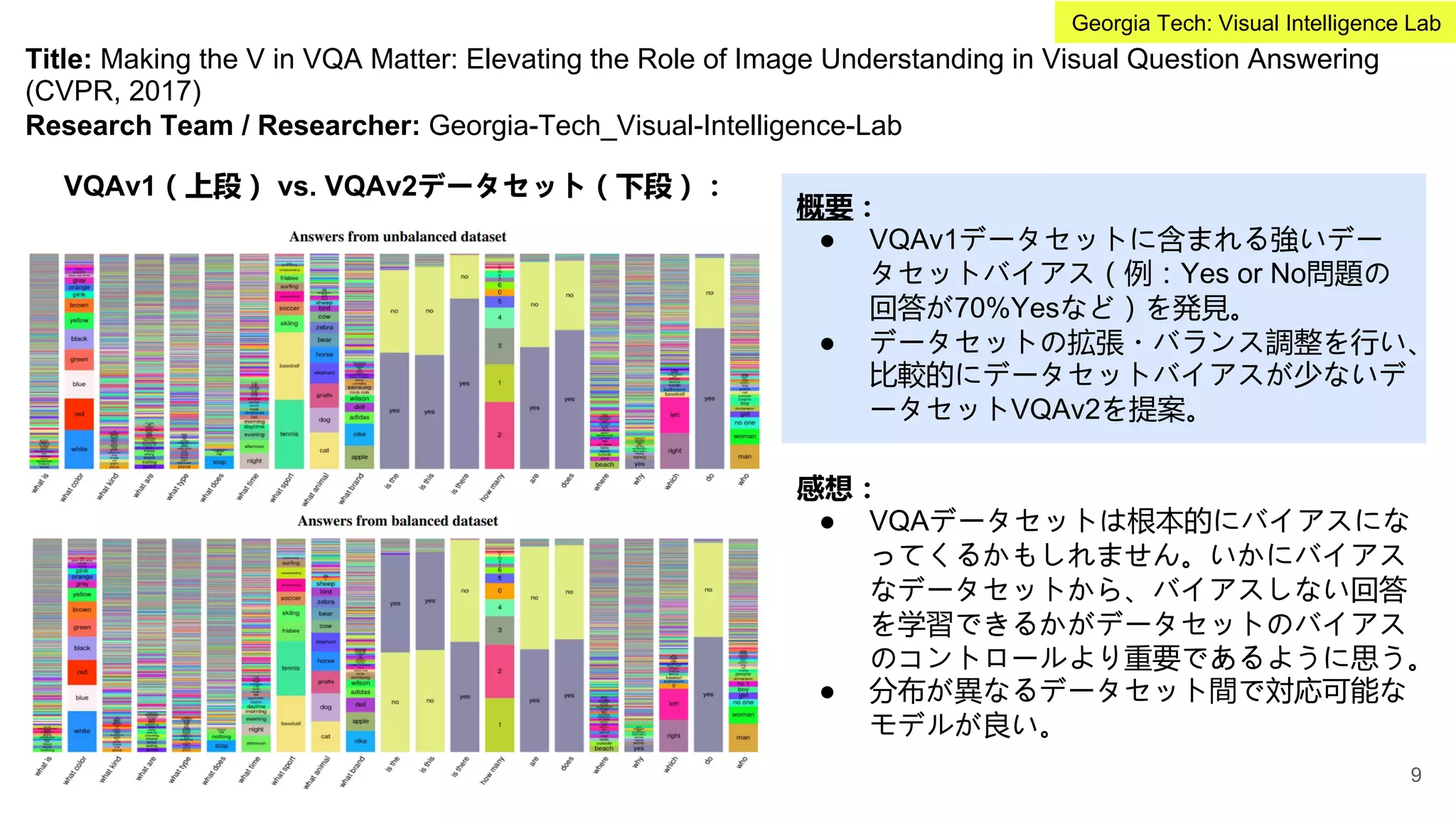 Title: Making the V in VQA Matter: Elevating the Role of Image Understanding in Visual Question Answering
(CVPR, 2017)
Research Team / Researcher: Georgia-Tech_Visual-Intelligence-Lab
VQAv1（上段） vs. VQAv2データセット（下段）：
概要：
● VQAv1データセットに含まれる強いデー
タセットバイアス（例：Yes or No問題の
回答が70%Yesなど）を発見。
● データセットの拡張・バランス調整を行い、
比較的にデータセットバイアスが少ないデ
ータセットVQAv2を提案。
感想：
● VQAデータセットは根本的にバイアスにな
ってくるかもしれません。いかにバイアス
なデータセットから、バイアスしない回答
を学習できるかがデータセットのバイアス
のコントロールより重要であるように思う。
● 分布が異なるデータセット間で対応可能な
モデルが良い。
9
Georgia Tech: Visual Intelligence Lab
 