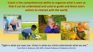Vision is the comprehensive ability to organize what is seen so
that it can be understood and used to guide and direct one’s
actions to interact with the world.
“Sight is what our eyes see. Vision is what our mind understands what we see.”
From Ricki G. Robinson, MD, MPH, Clinical Professor of Pediatrics USC (CA)
 