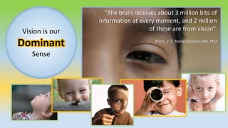 Vision is our
Dominant
Sense
“The brain receives about 3 million bits of
information at every moment, and 2 million
of these are from vision”.
From V. S. Ramachandran MD, PhD
 