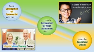 See a
Developmen
tal
Optometrist
who can . . .
Glasses may contain
bifocals and prisms
Virginia Vision Therapy Center
. . .
prescribe
Specialized
Glasses
. . . conduct
Developmen
tal Vision
Assessment
and . . .
 
