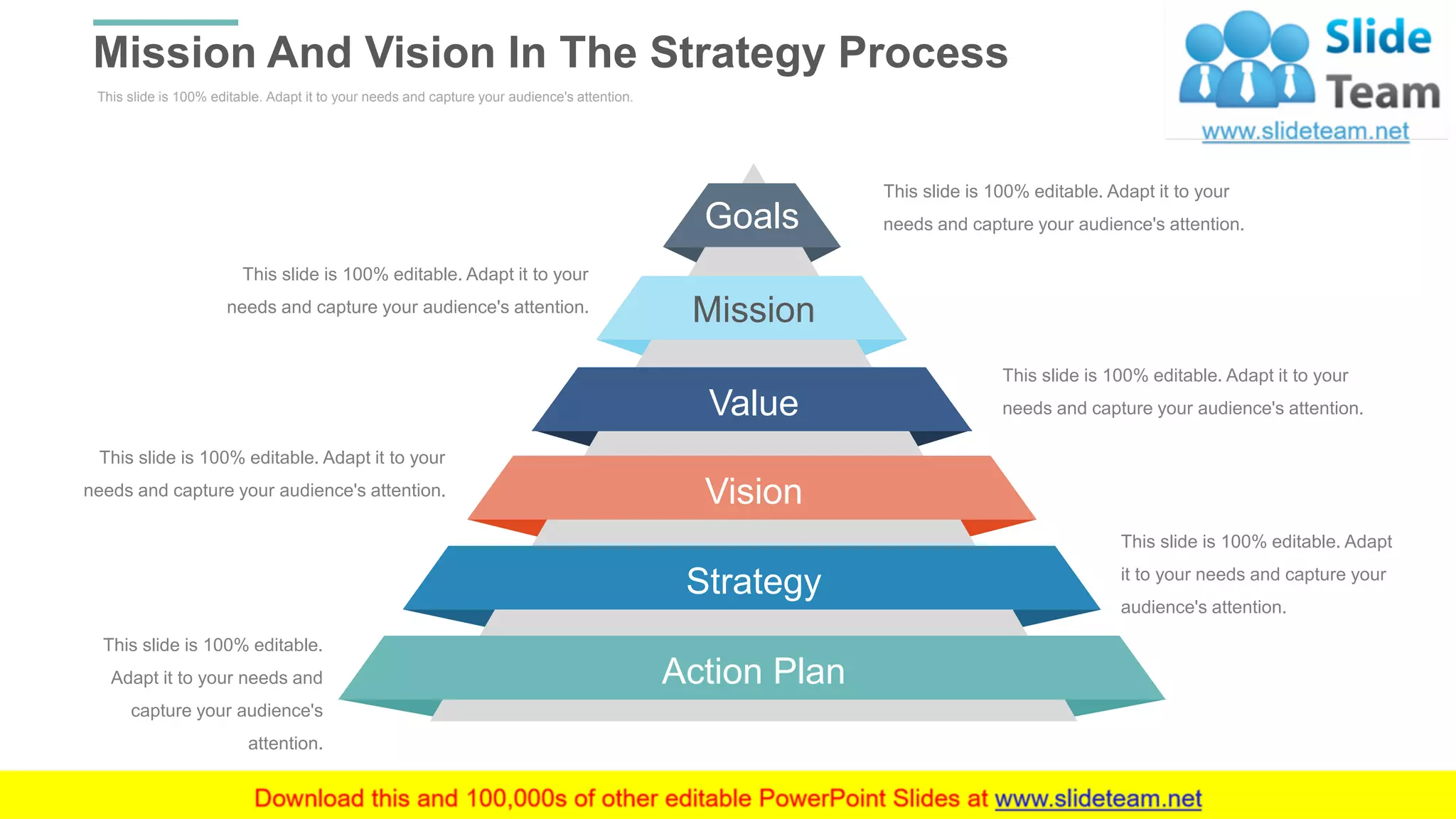 This slide is 100% editable. Adapt it to your needs and capture your audience's attention.
Mission And Vision In The Strategy Process
WWW.COMPANY.COM 10
Goals
Mission
Value
Vision
Strategy
Action Plan
This slide is 100% editable. Adapt it to your
needs and capture your audience's attention.
This slide is 100% editable. Adapt it to your
needs and capture your audience's attention.
This slide is 100% editable. Adapt
it to your needs and capture your
audience's attention.
This slide is 100% editable. Adapt it to your
needs and capture your audience's attention.
This slide is 100% editable. Adapt it to your
needs and capture your audience's attention.
This slide is 100% editable.
Adapt it to your needs and
capture your audience's
attention.
 