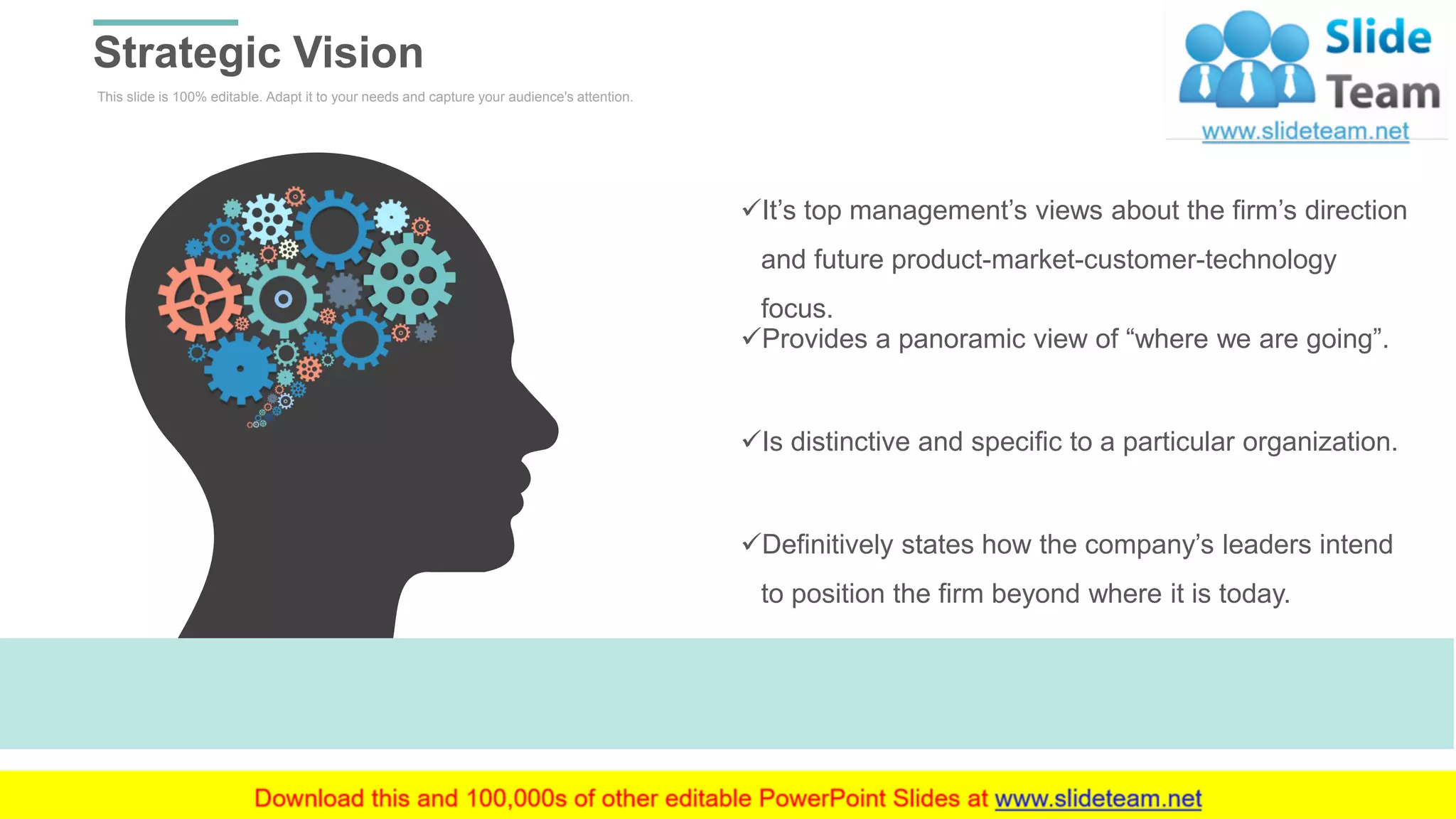 This slide is 100% editable. Adapt it to your needs and capture your audience's attention.
Strategic Vision
WWW.COMPANY.COM 19
✓It’s top management’s views about the firm’s direction
and future product-market-customer-technology
focus.
✓Provides a panoramic view of “where we are going”.
✓Is distinctive and specific to a particular organization.
✓Definitively states how the company’s leaders intend
to position the firm beyond where it is today.
 