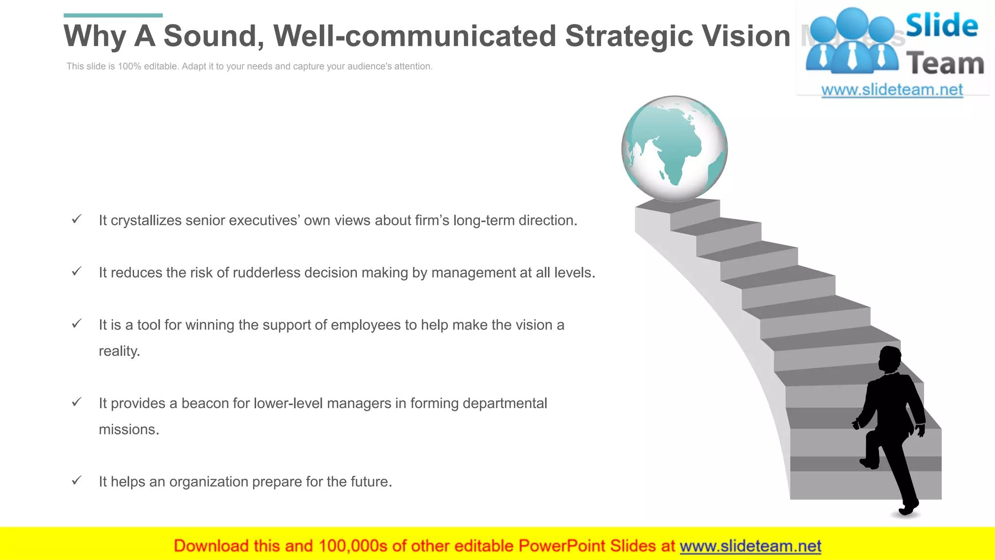 This slide is 100% editable. Adapt it to your needs and capture your audience's attention.
Why A Sound, Well-communicated Strategic Vision Matters
WWW.COMPANY.COM 22
✓ It crystallizes senior executives’ own views about firm’s long-term direction.
✓ It reduces the risk of rudderless decision making by management at all levels.
✓ It is a tool for winning the support of employees to help make the vision a
reality.
✓ It provides a beacon for lower-level managers in forming departmental
missions.
✓ It helps an organization prepare for the future.
 