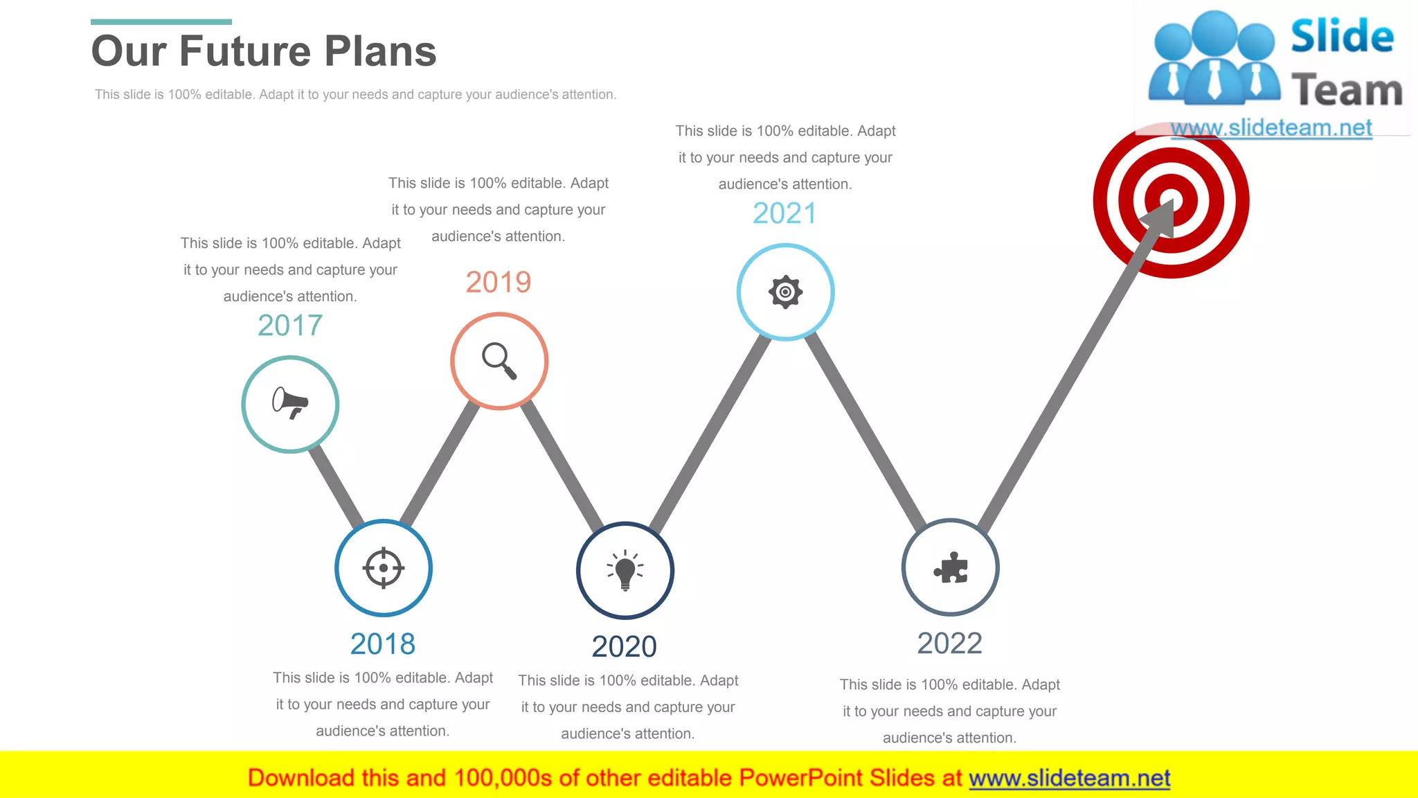 This slide is 100% editable. Adapt it to your needs and capture your audience's attention.
Our Future Plans
WWW.COMPANY.COM 30
2017
This slide is 100% editable. Adapt
it to your needs and capture your
audience's attention.
2019
This slide is 100% editable. Adapt
it to your needs and capture your
audience's attention.
2021
This slide is 100% editable. Adapt
it to your needs and capture your
audience's attention.
2022
This slide is 100% editable. Adapt
it to your needs and capture your
audience's attention.
2020
This slide is 100% editable. Adapt
it to your needs and capture your
audience's attention.
2018
This slide is 100% editable. Adapt
it to your needs and capture your
audience's attention.
 