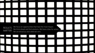 We focus on opportunities that have the most impact.
We think ahead and find solutions. We have a bias for action.
We are tenacious and celebrate wins.
RESULTS
MATTER
 