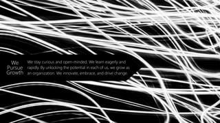 We stay curious and open-minded. We learn eagerly and
rapidly. By unlocking the potential in each of us, we grow as
an organization. We innovate, embrace, and drive change.
We
Pursue
Growth
 