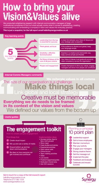How to bring your
Vision&Values alive
We conducted enlightening research with internal communication managers of large
multinational companies to find out what actually works when it comes to establishing, creating,
communicating and embedding a company’s vision and values into everyday practice.
This is just a snapshot, for the full report email hello@synergycreative.co.uk


  Key learning points
                                             Leadership from the top      A clear link between your Vision & Values and
                                             is essential for success     your strategic plan is essential

                                             Think global, act local      If the audience is diverse and global, keep



     5
                                                                          your language simple

                                             Creativity = effective       Express in a creative and memorable way,
                                             Communication                keep comms simple and flexible
  key learning
    points                                   Put Vision & Values at the   Your Vision & Values must guide all comms to
                                             core of all your comms       retain consistency across the organisation

                                             People and engagement        Create champions to drive your values, engage,
                                                                          managers and show how people can contribute



  Internal Comms Managers comments

                                                      We reiterate values in all comms
The size of our organisation is a challenge
                          Make things local
             Link global and local strategy
                        Creative must be memorable
Everything we do needs to be framed
in its context of the vision and values
    We defined our values from the bottom up
  Useful guides




   The engagement toolkit                                                           Planning a campaign
                                                                                    10 point plan
   How to create people engagement
   First things first                       Implementation ideas                       1   Leadership support
                                            •	 urveys (online, face to
                                              S
   	 1 Create visual impact                   face, work groups)                       2   Get to know employees
   	 2 Mix up and use a variety of media    •	 tory maps
                                              S                                        3   Maintain momentum
                                            •	 ase studies and stories
                                              C                                        4   Plan your activity
   	 3 Ensure bottom up and top             •	 xperiential activities
                                              E
   	   down communications                  •	 iant values walls
                                              G                                        5   Engage your managers
                                            •	 nline forums
                                              O                                        6   Strong creative theme
   	 4 Be clear on how everyone can
                                            •	 eam meeting activities
                                              T                                        7   Get the message out
   	   get involved and contribute
                                            •	 ideo
                                              V
                                            •	 ive events
                                              L                                        8   Implement the plan
                                            •	 osters/magazines/guides
                                              P                                        9   Feedback and evaluate
                                            •	 edicated intranet area
                                              D                                       10   Celebrate and reward
                                            •	 sk CEO sessions
                                              A                                            success




Get in touch for a copy of the full research report
hello@synergycreative.co.uk
Telephone 0117 962 1534
www.synergycreative.co.uk
 