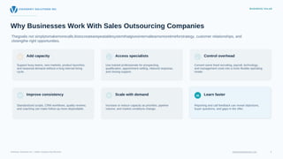 VISIONARY SOLUTIONS INC. BUSINESS VALUE
Why Businesses Work With Sales Outsourcing Companies
Improve consistency Scale with demand Learn faster
Thegoalis not simplytomakemorecalls.Itistocreatearepeatablesystemthatgivesinternalteamsmoretimeforstrategy, customer relationships, and
closingthe right opportunities.
01 Add capacity 02
Access specialists 03
Control overhead
04 05 06
Support busy teams, new markets, product launches,
and seasonal demand without a long internal hiring
cycle.
Standardized scripts, CRM workflows, quality reviews,
and coaching can make follow-up more dependable.
Increase or reduce capacity as priorities, pipeline
volume, and market conditions change.
Use trained professionals for prospecting,
qualification, appointment setting, inbound response,
and closing support.
Reporting and call feedback can reveal objections,
buyer questions, and gaps in the offer.
Convert some fixed recruiting, payroll, technology,
and management costs into a more flexible operating
model.
Visionary Solutions Inc. | Sales Outsourcing Services visionarysolutionsinc.com 3
 