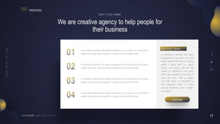 11
V I S I O N A R Y
We are creative agency to help people for
their business
E D I T T I T L E H E R E
A wonderful serenity has taken possession of my entire soul, like these
sweet mornings of spring which I enjoy with my whole heart.
A wonderful serenity has taken possession of my entire soul, like these
sweet mornings of spring which I enjoy with my whole heart.
A wonderful serenity has taken possession of my entire soul, like these
sweet mornings of spring which I enjoy with my whole heart.
A wonderful serenity has taken possession of my entire soul, like these
sweet mornings of spring which I enjoy with my whole heart.
A wonderful serenity has taken
possession of my entire soul, like
these sweet mornings of spring
which I enjoy with my whole
heart. I am alone, and feel the
charm of existence in this spot,
which was created for the bliss of
souls like mine. I am so happy,
my dear friend, so absorbed in
the exquisite sense of mere
tranquil existence, that I neglect
my talents.
G e t Yo u r S t y l e
Read More
 