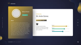 18
V I S I O N A R Y
Marcus Horizon
D e s i g n e r
About
A wonderful serenity has taken possession of my
entire soul, like these sweet mornings of spring which
I enjoy with my whole heart. I am alone, and feel the
charm of existence in this spot, which was created for
the bliss of souls like mine. I am so happy, my dear
friend, so absorbed in the exquisite sense of mere
tranquil existence, that I neglect my talents. I should
be incapable of drawing a single stroke at the present
moment; and yet I feel that I never was a greater
artist than now. When, while the lovely valley teems
with around me, and the meridian sun
Mr. Andre Gomes
Introducing
Factor 1
Factor 2
Factor 3
A wonderful serenity has taken
possession of my entire soul, like these
sweet mornings of spring which I enjoy
with my whole heart.
S i n c e 2 0 0 9 - N o w
 