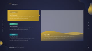 31
V I S I O N A R Y
A wonderful serenity has taken possession of my entire
soul, like these sweet mornings of spring
EDITABLE
Your Title Here #2
A wonderful serenity has taken possession of my entire
soul, like these sweet mornings of spring
EDITABLE
Your Title Here #3
Feature Two
A wonderful serenity has taken possession of my entire soul, like these sweet
mornings of spring which I enjoy with my whole heart.
A wonderful serenity has taken possession of my entire
soul, like these sweet mornings of spring
EDITABLE
Your Title Here #1
 