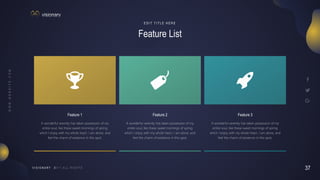 37
V I S I O N A R Y
Feature List
E D I T T I T L E H E R E
A wonderful serenity has taken possession of my
entire soul, like these sweet mornings of spring
which I enjoy with my whole heart. I am alone, and
feel the charm of existence in this spot,
Feature 1
A wonderful serenity has taken possession of my
entire soul, like these sweet mornings of spring
which I enjoy with my whole heart. I am alone, and
feel the charm of existence in this spot,
Feature 2
A wonderful serenity has taken possession of my
entire soul, like these sweet mornings of spring
which I enjoy with my whole heart. I am alone, and
feel the charm of existence in this spot,
Feature 3
 