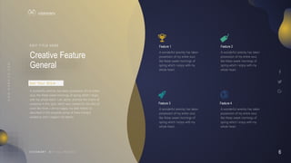 6
V I S I O N A R Y
Feature 1 Feature 2
Feature 3 Feature 4
A wonderful serenity has taken
possession of my entire soul,
like these sweet mornings of
spring which I enjoy with my
whole heart.
A wonderful serenity has taken
possession of my entire soul,
like these sweet mornings of
spring which I enjoy with my
whole heart.
A wonderful serenity has taken
possession of my entire soul,
like these sweet mornings of
spring which I enjoy with my
whole heart.
A wonderful serenity has taken
possession of my entire soul,
like these sweet mornings of
spring which I enjoy with my
whole heart.
V I S I O N A R Y
Creative Feature
General
E D I T T I T L E H E R E
A wonderful serenity has taken possession of my entire
soul, like these sweet mornings of spring which I enjoy
with my whole heart. I am alone, and feel the charm of
existence in this spot, which was created for the bliss of
souls like mine. I am so happy, my dear friend, so
absorbed in the exquisite sense of mere tranquil
existence, that I neglect my talents.
G e t Yo u r S t y l e
 