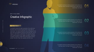 V I S I O N A R Y
A wonderful serenity has taken possession of my entire soul,
like these sweet mornings of spring which I enjoy with my
whole heart. I am alone
A wonderful serenity has taken possession of my entire soul,
like these sweet mornings of spring which I enjoy with my
whole heart. I am alone
A wonderful serenity has taken possession of my entire soul,
like these sweet mornings of spring which I enjoy with my
whole heart. I am alone
A wonderful serenity has taken possession of my entire soul,
like these sweet mornings of spring which I enjoy with my
whole heart. I am alone
Creative Infographic
E D I T T I T L E H E R E
A wonderful serenity has taken possession of my entire soul,
like these sweet mornings of spring which I enjoy with my
whole heart. I am alone, and feel the charm of existence in this
spot, which was created for the bliss of souls like mine. I am so
happy, my dear friend, so absorbed in the exquisite sense of
mere tranquil existence, that I neglect my talents. I should be
incapable of drawing a single stroke at the present moment;
and yet I feel that I never was a greater artist than now.
G e t Yo u r S t y l e
 