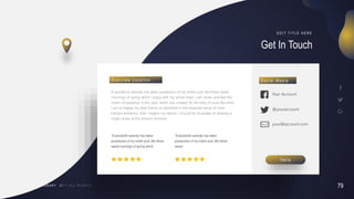 79
V I S I O N A R Y
Get In Touch
E D I T T I T L E H E R E
@youraccount
Your Account
your@account.com
S o c i a l M e d i a
Find Us
A wonderful serenity has taken possession of my entire soul, like these sweet
mornings of spring which I enjoy with my whole heart. I am alone, and feel the
charm of existence in this spot, which was created for the bliss of souls like mine.
I am so happy, my dear friend, so absorbed in the exquisite sense of mere
tranquil existence, that I neglect my talents. I should be incapable of drawing a
single stroke at the present moment
O v e r v i e w L o c a t i o n
“A wonderful serenity has taken
possession of my entire soul, like these
sweet mornings of spring which
“A wonderful serenity has taken
possession of my entire soul, like these
sweet
 