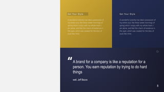 8
V I S I O N A R Y
A brand for a company is like a reputation for a
person. You earn reputation by trying to do hard
things
well. Jeff Bezos
A wonderful serenity has taken possession of
my entire soul, like these sweet mornings of
spring which I enjoy with my whole heart. I
am alone, and feel the charm of existence in
this spot, which was created for the bliss of
souls like mine.
G et Your Style
A wonderful serenity has taken possession of
my entire soul, like these sweet mornings of
spring which I enjoy with my whole heart. I
am alone, and feel the charm of existence in
this spot, which was created for the bliss of
souls like mine.
G et Your Style
 