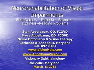 Neurorehabilitation of Visual
Impairments
Field Defects – Diplopia – Balance –
Dizziness--Reading Problems
Stan Appelbaum, OD, FCOVD
Bryce Appelbaum, OD, FCOVD
Neuro Optometry & Vision Therapy
Bethesda & Annapolis, Maryland
301-897-8484
www.VisionHelp.com
www.AppelbaumVision.com
Visionary Ophthalmology
Rockville, Maryland
March 8, 2015
 