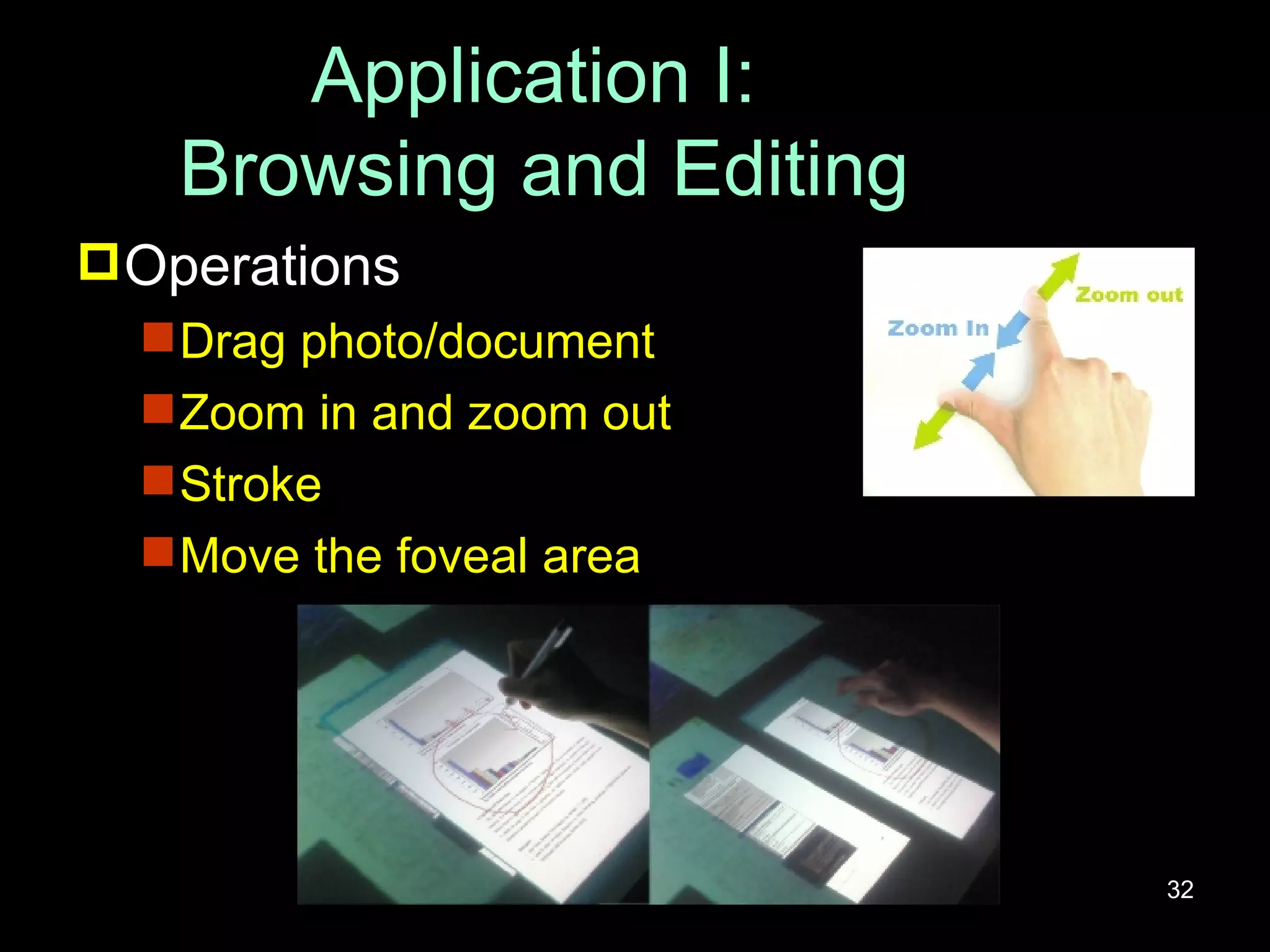 Application I:  Browsing and Editing Operations Drag photo/document Zoom in and zoom out Stroke Move the foveal area 