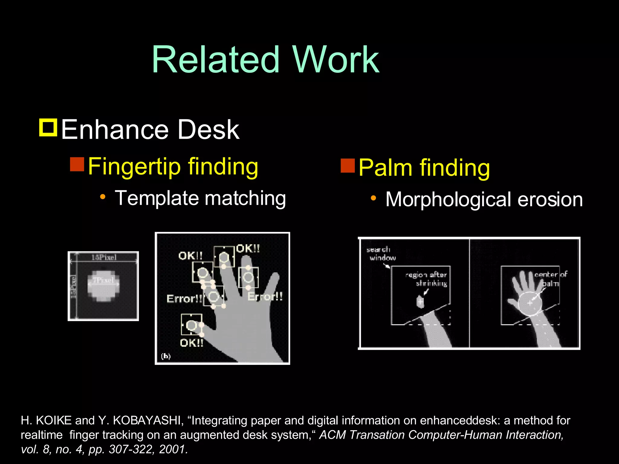 Related Work Enhance Desk Fingertip finding Template matching Palm finding Morphological erosion H. KOIKE and Y. KOBAYASHI, “Integrating paper and digital information on enhanceddesk: a method for  realtime  finger tracking on an augmented desk system,“  ACM Transation Computer-Human Interaction,  vol. 8, no. 4, pp. 307-322, 2001. 