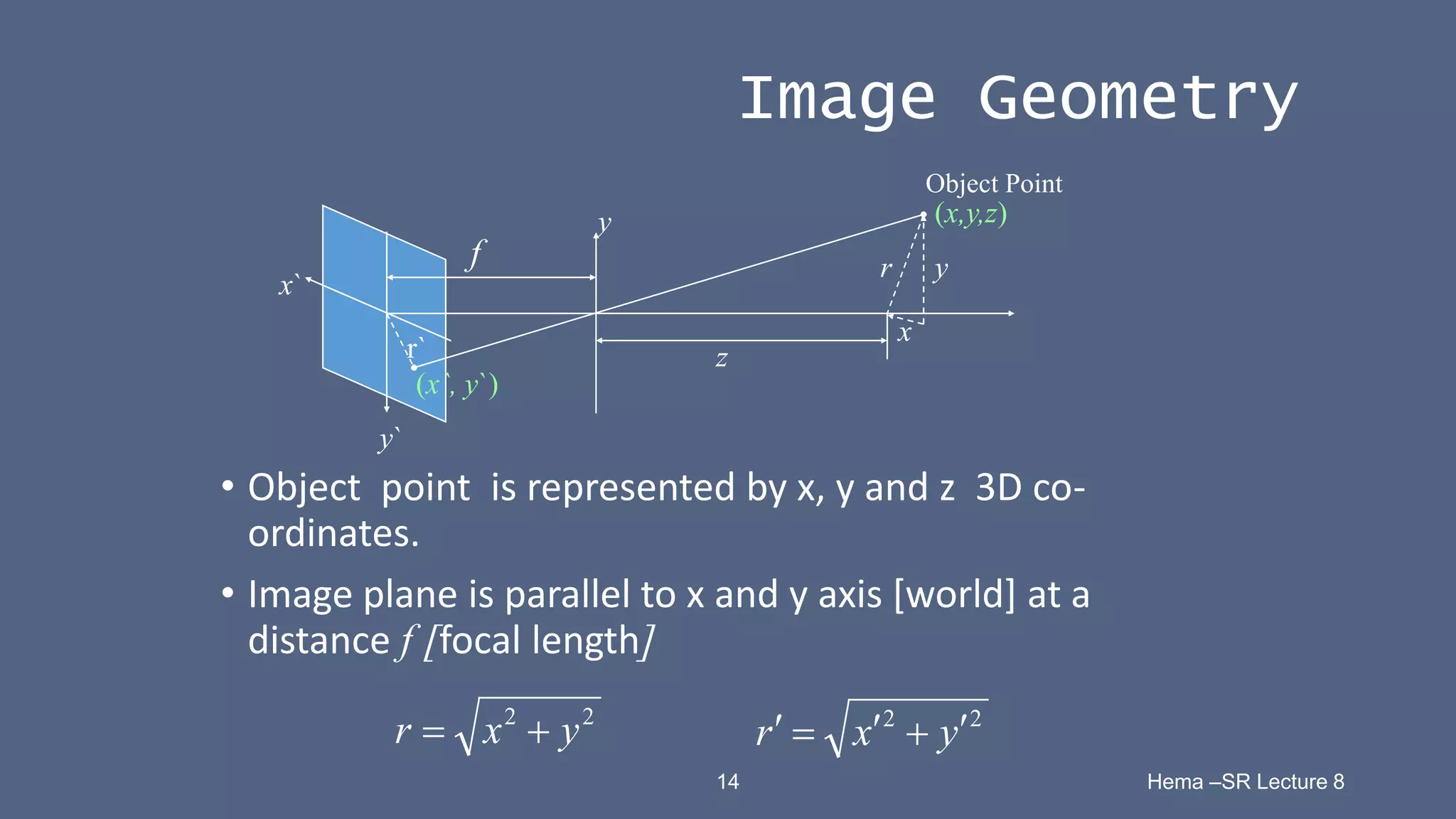 14 Hema –SR Lecture 8
Image Geometry
• Object point is represented by x, y and z 3D co-
ordinates.
• Image plane is parallel to x and y axis [world] at a
distance f [focal length]
z
x`
y`
y (x,y,z)
(x`, y`)
Object Point
f r
r`
x
y
2
2
y
x
r 
 2
2
y
x
r 




 