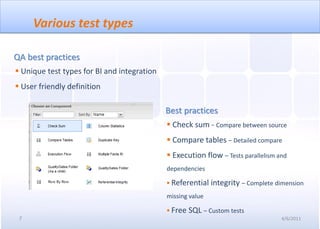 Various test types

QA best practices
 Unique test types for BI and integration
 User friendly definition

                                             Best practices
                                              Check sum - Compare between source
                                              Compare tables – Detailed compare
                                              Execution flow – Tests parallelism and
                                             dependencies

                                              Referential integrity – Complete dimension
                                             missing value

                                              Free SQL – Custom tests
 7                                                                                 4/6/2011
 