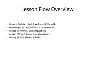 Lesson Flow Overview
• Opening Activity (10 min): Welcome & Warm-Up
• Lesson Input (10 min): What is a Vision Board?
• Reflection (10 min): Guided Questions
• Activity (20 min): Create Your Vision Board
• Sharing (5 min): Present & Reflect
 