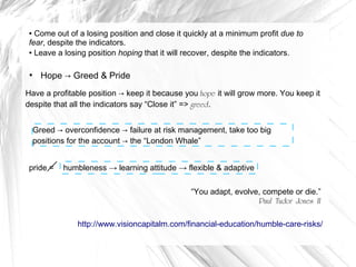 Come out of a losing position and close it quickly at a minimum profit due to
fear, despite the indicators.
● Leave a losing position hoping that it will recover, despite the indicators.
●

●

Hope → Greed & Pride

Have a profitable position → keep it because you hope it will grow more. You keep it
despite that all the indicators say “Close it” => greed.
Greed → overconfidence → failure at risk management, take too big
positions for the account → the “London Whale”
pride =

humbleness → learning attitude → flexible & adaptive
“You adapt, evolve, compete or die.”
Paul Tudor Jones II
http://www.visioncapitalm.com/financial-education/humble-care-risks/

 