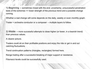 1) Beginning → sometimes mixed with the end; uncertainty; unsuccessful penetration
tests of the extremes => lower strength of the previous trend and a possible change
coming.

Whether a real change will come depends on the daily, weekly or even monthly graph.
Trader = orchestra conductor or a composer → multiple layers to follow.

2) Middle → more successful attempts to close higher (or lower, in a bearish trend)
than previous values.
A clearer picture.
Traders could sit on their profitable positions and enjoy the ride or get in and out
catching fluctuations.
Trend continuation patterns (triangles, rectangles) formed here.
Range trading after a successful breaking of major support or resistance.
Fibonacci levels could be successfully used.

 
