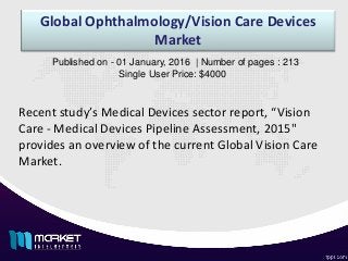 Global Ophthalmology/Vision Care Devices
Market
Recent study’s Medical Devices sector report, “Vision
Care - Medical Devices Pipeline Assessment, 2015"
provides an overview of the current Global Vision Care
Market.
Published on - 01 January, 2016 | Number of pages : 213
Single User Price: $4000
 