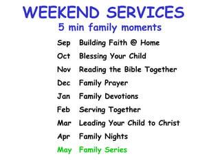 Sep Building Faith @ Home Oct Blessing Your Child Nov Reading the Bible Together Dec Family Prayer Jan Family Devotions Feb Serving Together Mar Leading Your Child to Christ Apr Family Nights May Family Series WEEKEND SERVICES  5 min family moments 