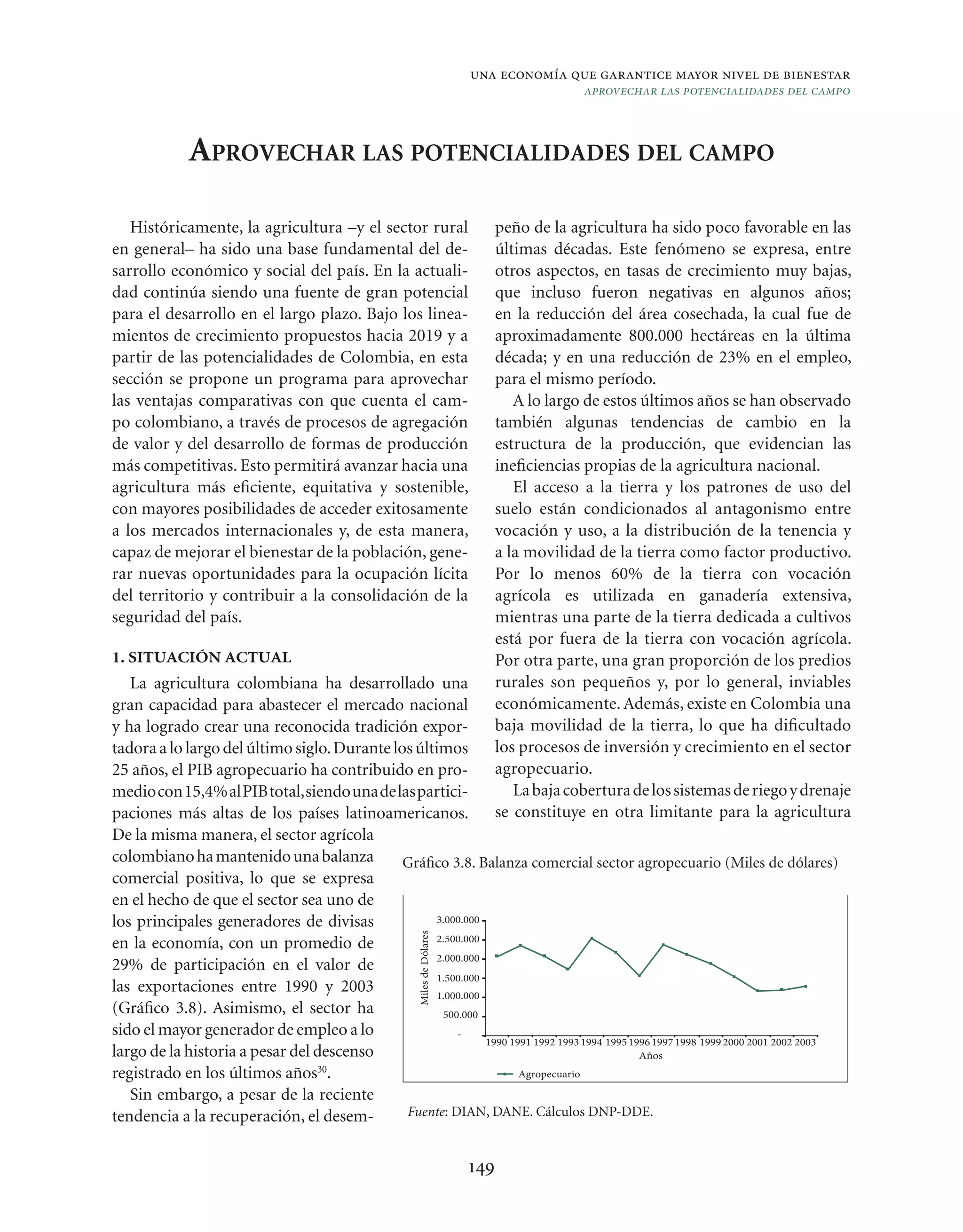 una economía que garantice mayor nivel de bienestar
                                                                                             aprovechar las potencialidades del campo



             APROVECHAR LAS POTENCIALIDADES DEL CAMPO

   Históricamente, la agricultura –y el sector rural                            peño de la agricultura ha sido poco favorable en las
en general– ha sido una base fundamental del de-                                últimas décadas. Este fenómeno se expresa, entre
sarrollo económico y social del país. En la actuali-                            otros aspectos, en tasas de crecimiento muy bajas,
dad continúa siendo una fuente de gran potencial                                que incluso fueron negativas en algunos años;
para el desarrollo en el largo plazo. Bajo los linea-                           en la reducción del área cosechada, la cual fue de
mientos de crecimiento propuestos hacia 2019 y a                                aproximadamente 800.000 hectáreas en la última
partir de las potencialidades de Colombia, en esta                              década; y en una reducción de 23% en el empleo,
sección se propone un programa para aprovechar                                  para el mismo período.
las ventajas comparativas con que cuenta el cam-                                   A lo largo de estos últimos años se han observado
po colombiano, a través de procesos de agregación                               también algunas tendencias de cambio en la
de valor y del desarrollo de formas de producción                               estructura de la producción, que evidencian las
más competitivas. Esto permitirá avanzar hacia una                              ineﬁciencias propias de la agricultura nacional.
agricultura más eﬁciente, equitativa y sostenible,                                 El acceso a la tierra y los patrones de uso del
con mayores posibilidades de acceder exitosamente                               suelo están condicionados al antagonismo entre
a los mercados internacionales y, de esta manera,                               vocación y uso, a la distribución de la tenencia y
capaz de mejorar el bienestar de la población, gene-                            a la movilidad de la tierra como factor productivo.
rar nuevas oportunidades para la ocupación lícita                               Por lo menos 60% de la tierra con vocación
del territorio y contribuir a la consolidación de la                            agrícola es utilizada en ganadería extensiva,
seguridad del país.                                                             mientras una parte de la tierra dedicada a cultivos
                                                                                está por fuera de la tierra con vocación agrícola.
1. SITUACIÓN ACTUAL                                                             Por otra parte, una gran proporción de los predios
   La agricultura colombiana ha desarrollado una                                rurales son pequeños y, por lo general, inviables
gran capacidad para abastecer el mercado nacional                               económicamente. Además, existe en Colombia una
y ha logrado crear una reconocida tradición expor-                              baja movilidad de la tierra, lo que ha diﬁcultado
tadora a lo largo del último siglo. Durante los últimos                         los procesos de inversión y crecimiento en el sector
25 años, el PIB agropecuario ha contribuido en pro-                             agropecuario.
medio con 15,4% al PIB total, siendo una de las partici-                           La baja cobertura de los sistemas de riego y drenaje
paciones más altas de los países latinoamericanos.                              se constituye en otra limitante para la agricultura
De la misma manera, el sector agrícola
colombiano ha mantenido una balanza           Gráﬁco 3.8. Balanza comercial sector agropecuario (Miles de dólares)
comercial positiva, lo que se expresa
en el hecho de que el sector sea uno de
los principales generadores de divisas              3.000.000
                                                       Miles de Dólares




                                                    2.500.000
en la economía, con un promedio de
                                                    2.000.000
29% de participación en el valor de
                                                    1.500.000
las exportaciones entre 1990 y 2003                 1.000.000
(Gráﬁco 3.8). Asimismo, el sector ha                 500.000
sido el mayor generador de empleo a lo                  -
                                                              1990 1991 1992 1993 1994 1995 1996 1997 1998 1999 2000 2001 2002 2003
largo de la historia a pesar del descenso                                                     Años
registrado en los últimos años30.                                    Agropecuario

   Sin embargo, a pesar de la reciente
tendencia a la recuperación, el desem-        Fuente: DIAN, DANE. Cálculos DNP-DDE.


                                                                          149
 