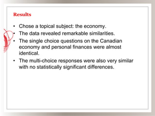 Results

•  Chose a topical subject: the economy.
•  The data revealed remarkable similarities.
•  The single choice questions on the Canadian
   economy and personal finances were almost
   identical.
•  The multi-choice responses were also very similar
   with no statistically significant differences.
 
